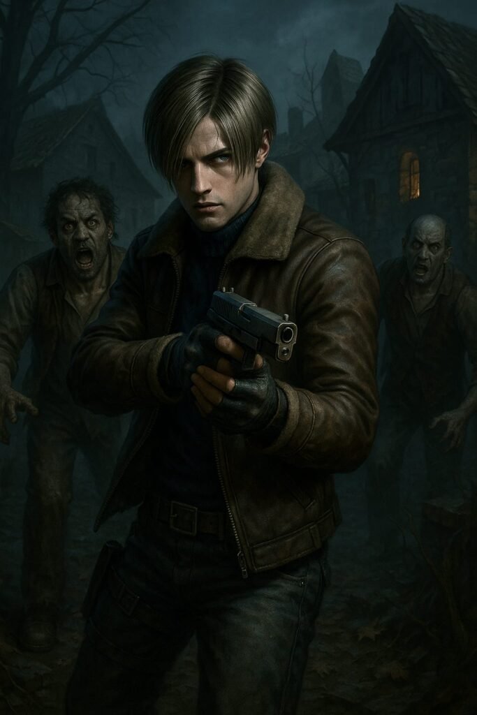 Resident Evil 4: Leon em uma cena tensa no vilarejo (imagem ilustrativa)